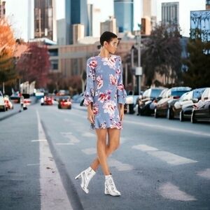 JILL Jill Stuart Floral Bell Sleeve Ruffled Sheath Dress Size L NWT